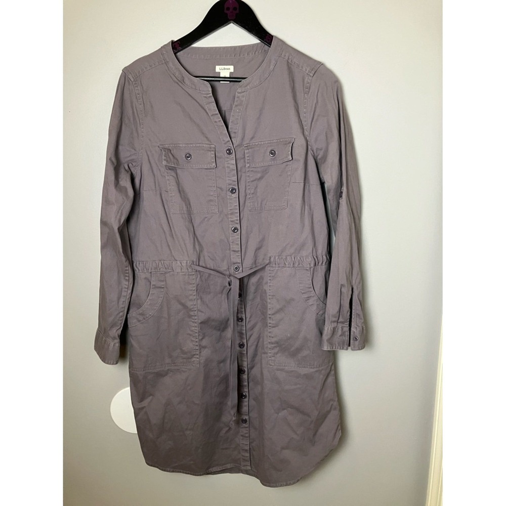 L.L. Bean Women's Drawstring Cotton Tencel Taupe Utility Shirt Dress Size Medium
